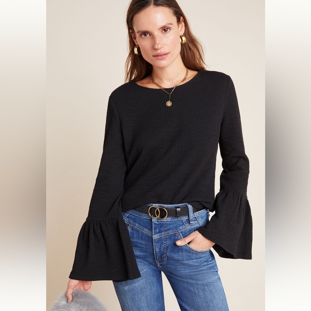 Anthro Porridge Black Joan Bell-Sleeved Top